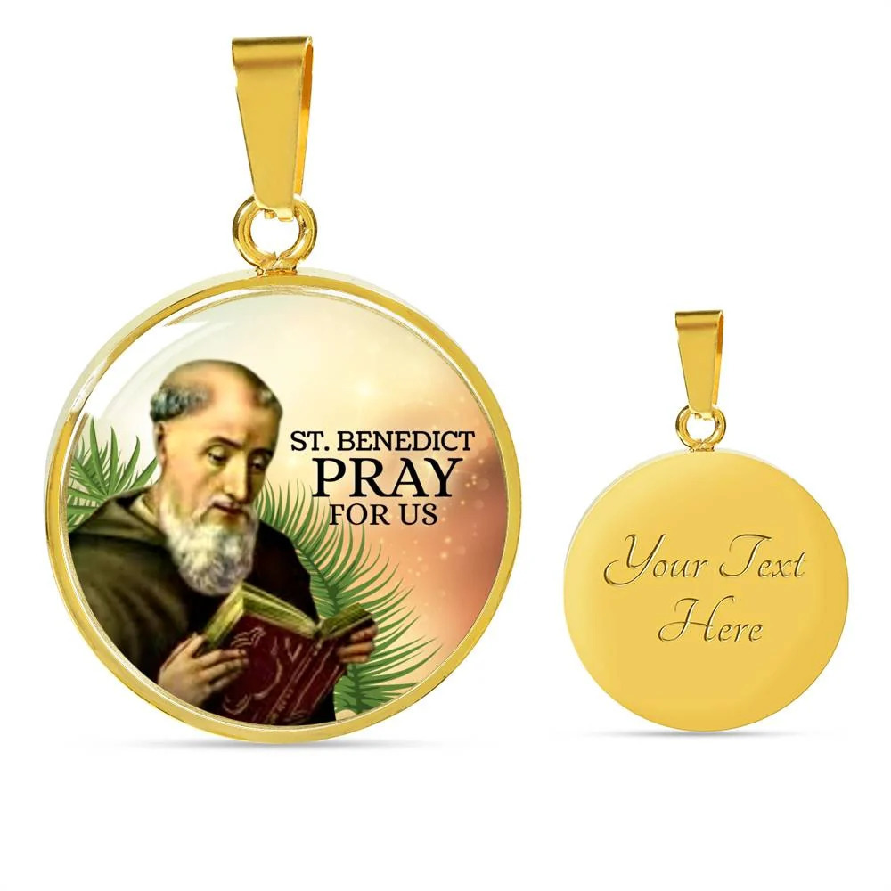 Catholic Saint Benedict Personalized Engraved Gold Circle Necklace Custom Name